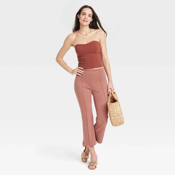 XL - Womens High-Rise Slim Fit Cropped Kick Flare Pull-On Pants - AND - Brown - Picture 3 of 6